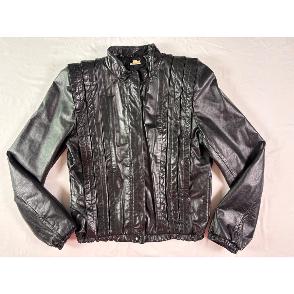 Vintage 80s Leather Bomber Jacket Women XS Black Pleated Moto Biker Powerful Zip - Picture 6 of 10